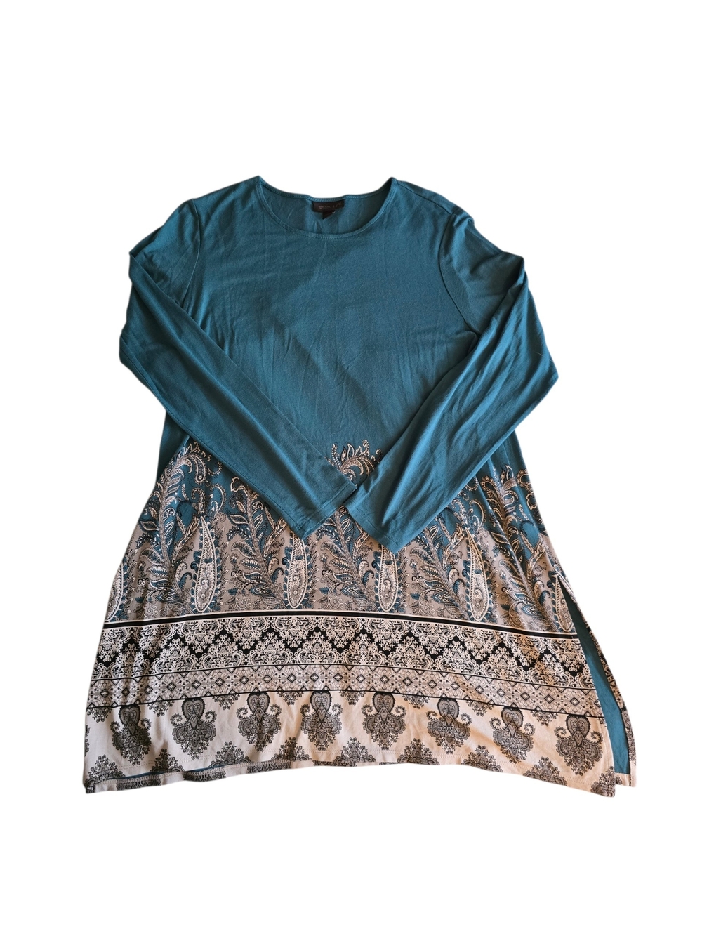 J. Jill Teal and Cream Long Sleeve Paisley Hem Tunic